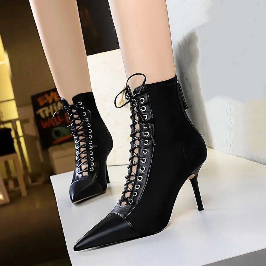 Chicvane Pointed Toe Stiletto Heel Hollow Cross Strap Mid Calf Boots