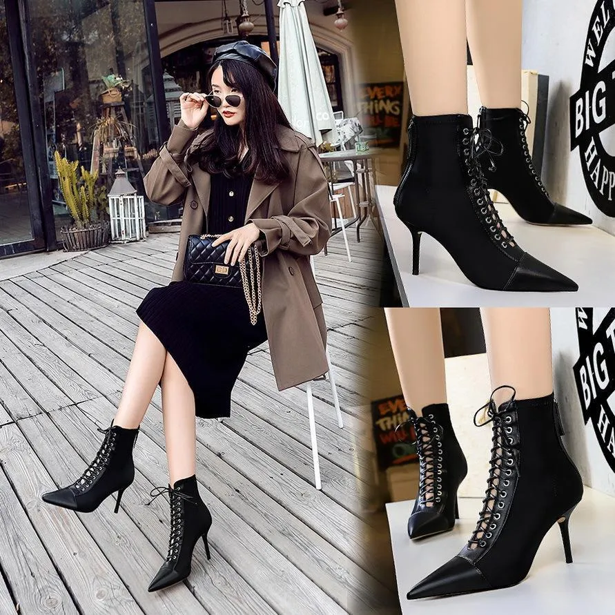 Chicvane Pointed Toe Stiletto Heel Hollow Cross Strap Mid Calf Boots