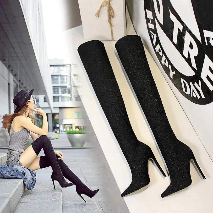 Chicvane Sequin Stretch Pointed Toe Stiletto Heel Over The Knee Party Boots For Women