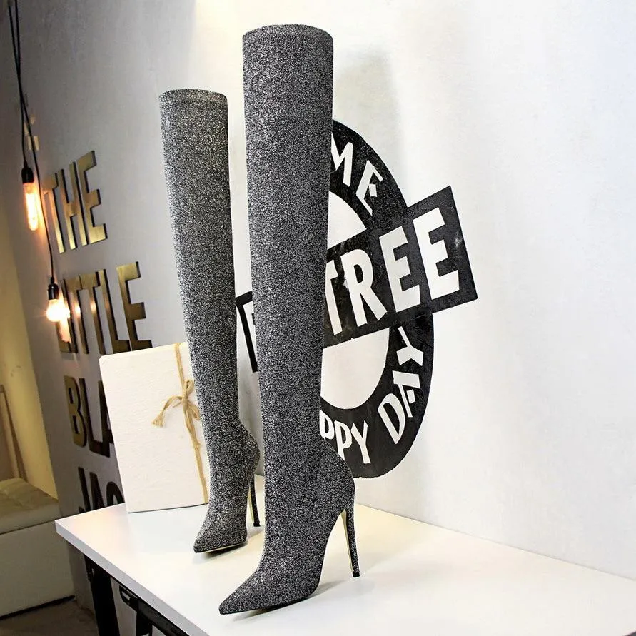 Chicvane Sequin Stretch Pointed Toe Stiletto Heel Over The Knee Party Boots For Women