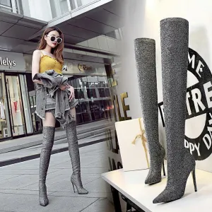Chicvane Sequin Stretch Pointed Toe Stiletto Heel Over The Knee Party Boots For Women