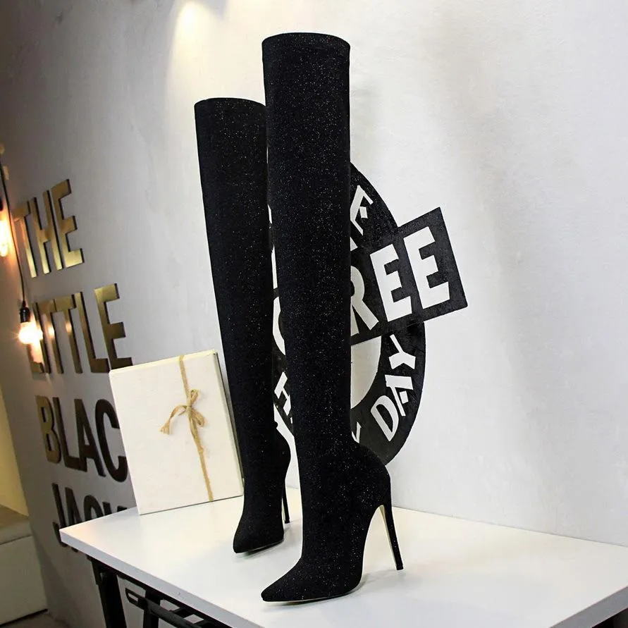 Chicvane Sequin Stretch Pointed Toe Stiletto Heel Over The Knee Party Boots For Women