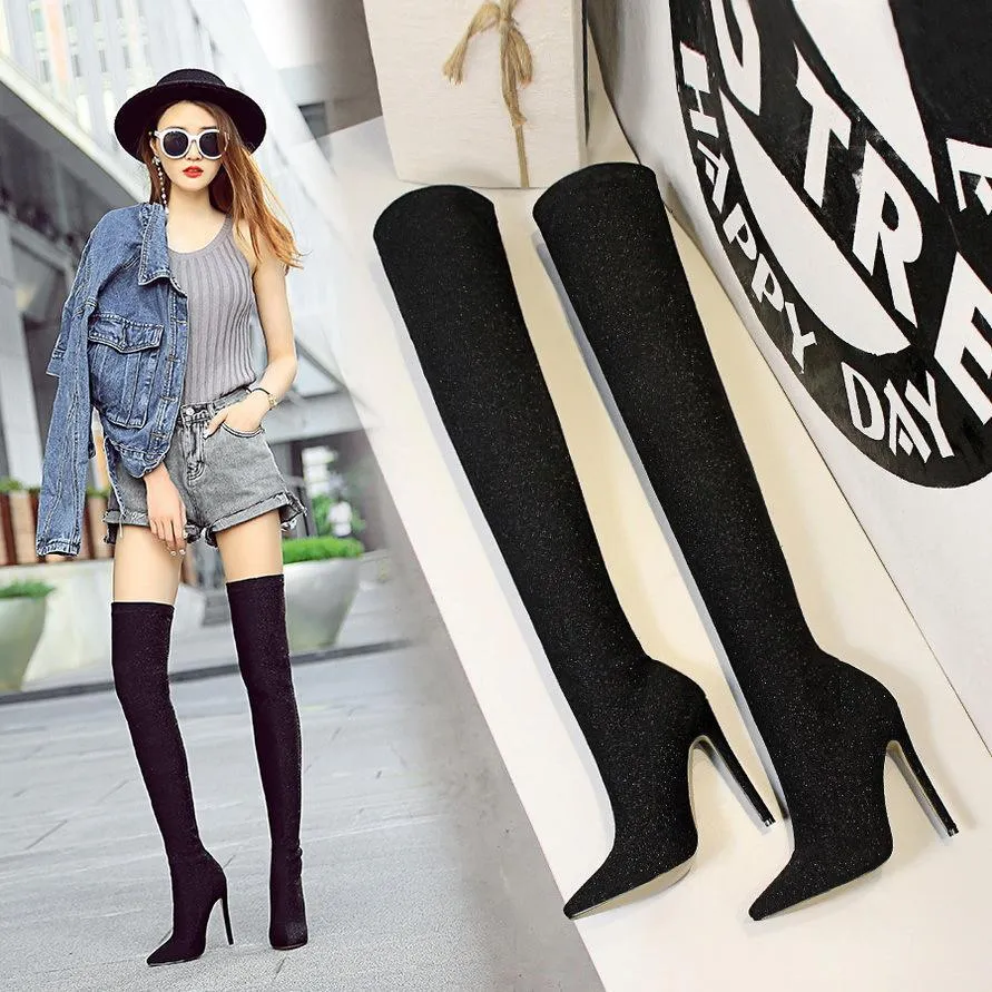 Chicvane Sequin Stretch Pointed Toe Stiletto Heel Over The Knee Party Boots For Women
