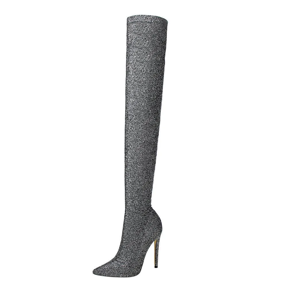 Chicvane Sequin Stretch Pointed Toe Stiletto Heel Over The Knee Party Boots For Women