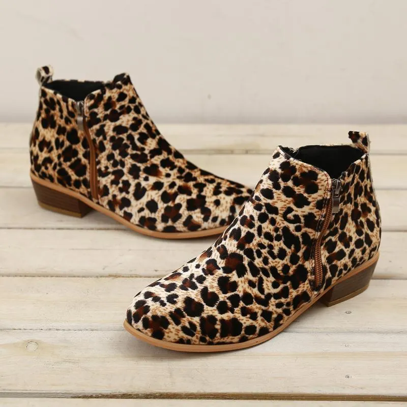Chicvane Womens Leopard Printed Round Toe Chunky Heel Zipper Closure Ankle Boots