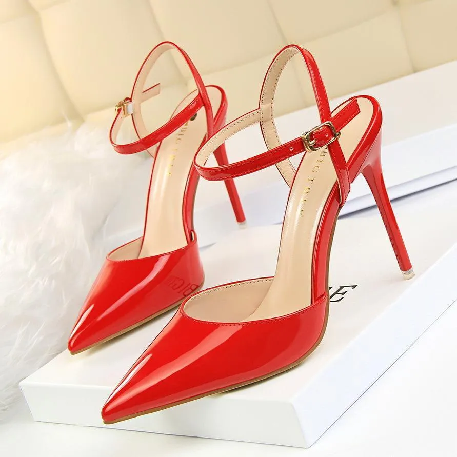 Chicvane Women's Patent Leather Stiletto Heel Closed Toe Pumps with Buckle