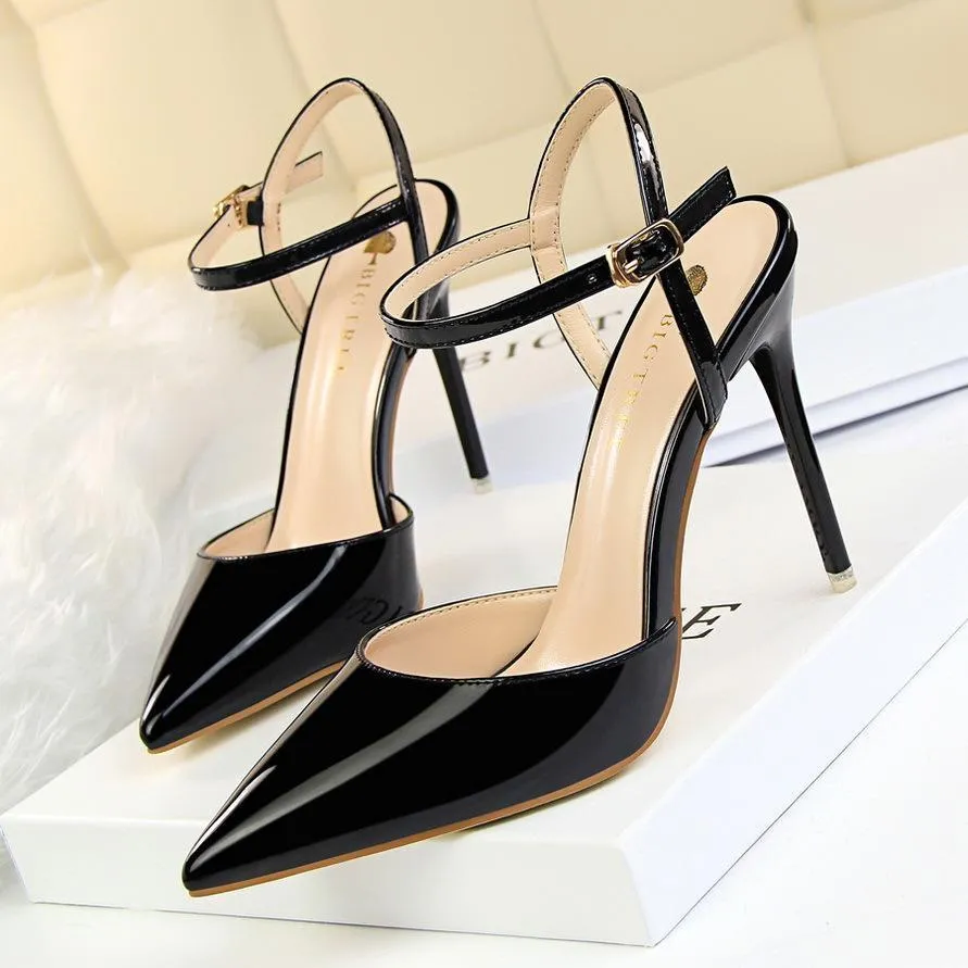 Chicvane Women's Patent Leather Stiletto Heel Closed Toe Pumps with Buckle