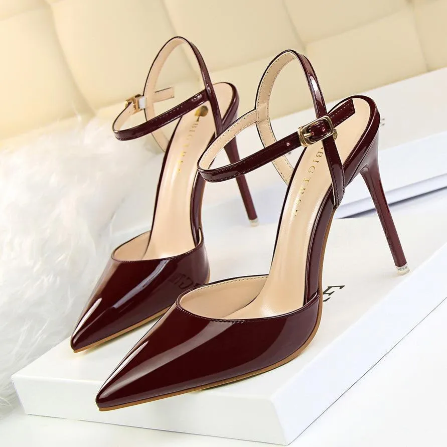 Chicvane Women's Patent Leather Stiletto Heel Closed Toe Pumps with Buckle