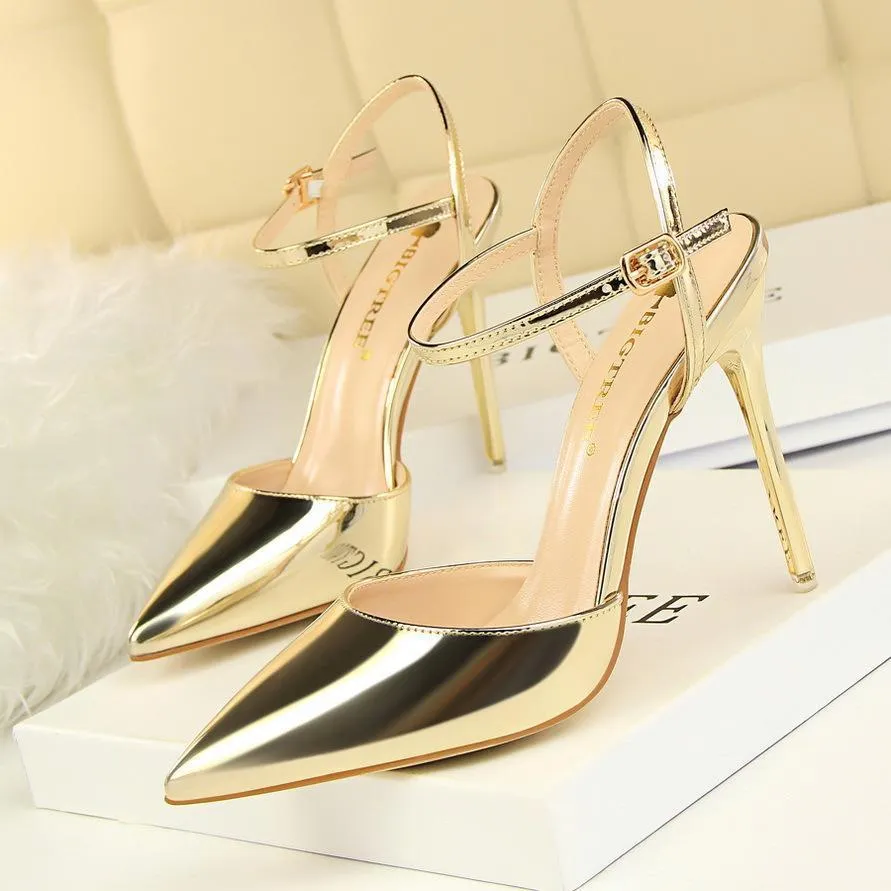 Chicvane Women's Patent Leather Stiletto Heel Closed Toe Pumps with Buckle