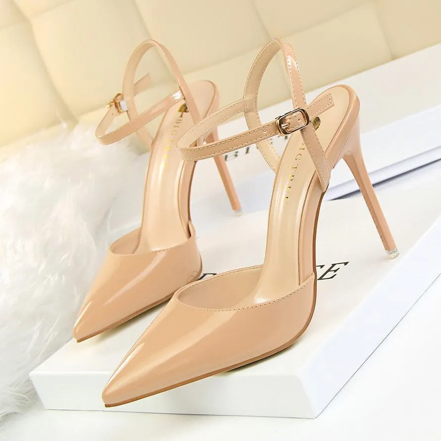 Chicvane Women's Patent Leather Stiletto Heel Closed Toe Pumps with Buckle