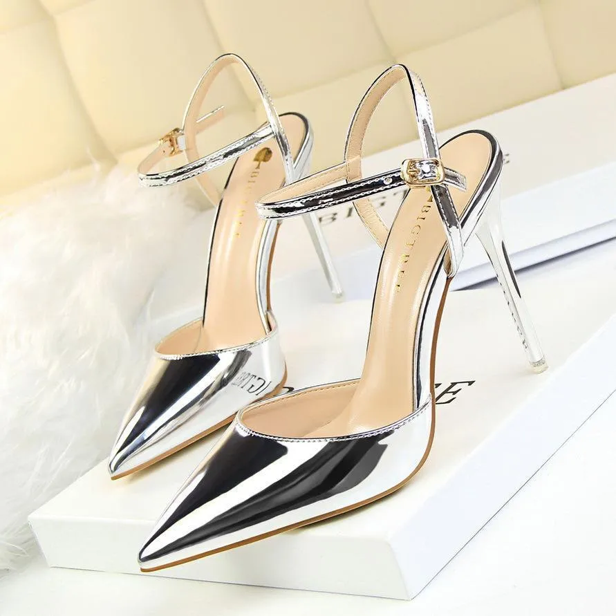 Chicvane Women's Patent Leather Stiletto Heel Closed Toe Pumps with Buckle