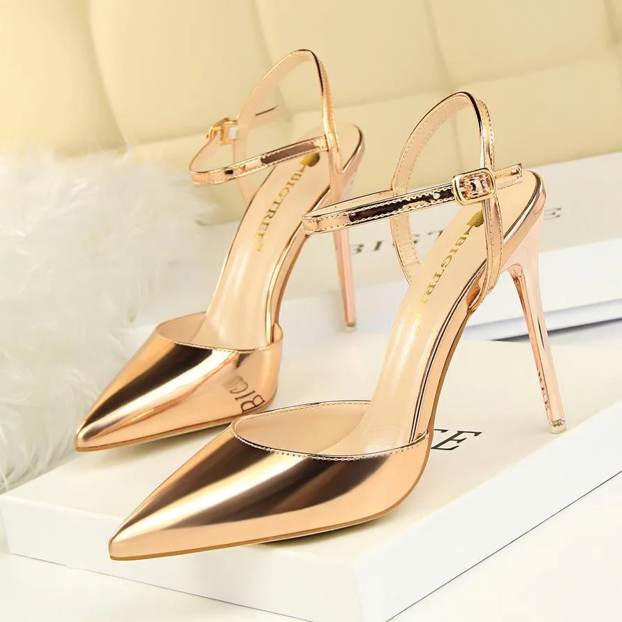 Chicvane Women's Patent Leather Stiletto Heel Closed Toe Pumps with Buckle