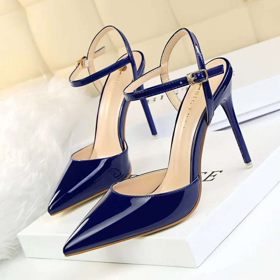 Chicvane Women's Patent Leather Stiletto Heel Closed Toe Pumps with Buckle