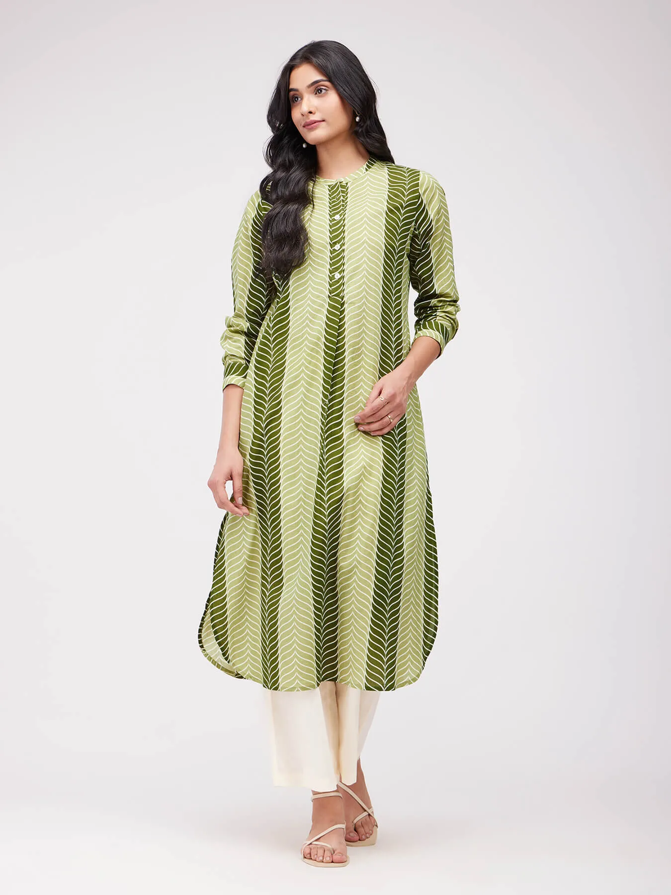Cotton Leaf Striped Kurta - Olive