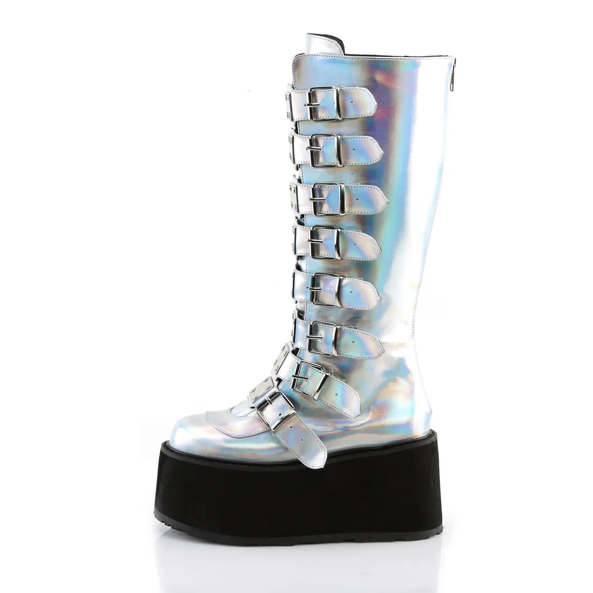 DAMNED-318 Demoniacult Alternative Footwear Silver Holo Calf High Boots