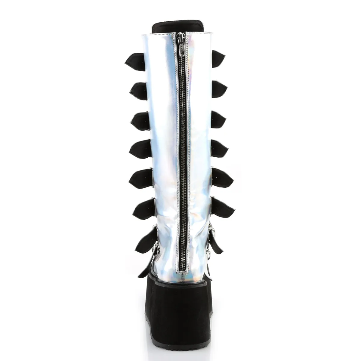 DAMNED-318 Demoniacult Alternative Footwear Silver Holo Calf High Boots