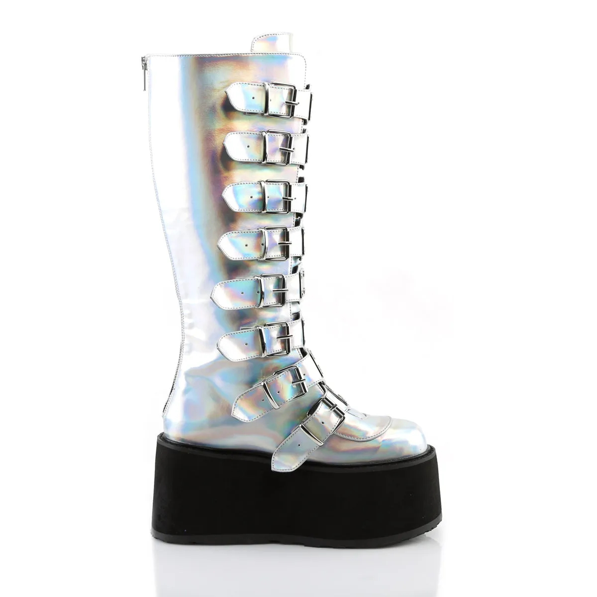 DAMNED-318 Demoniacult Alternative Footwear Silver Holo Calf High Boots