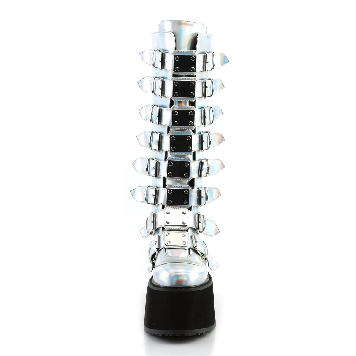 DAMNED-318 Demoniacult Alternative Footwear Silver Holo Calf High Boots
