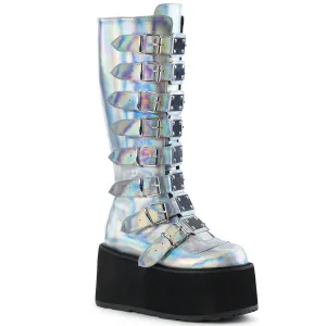 DAMNED-318 Demoniacult Alternative Footwear Silver Holo Calf High Boots