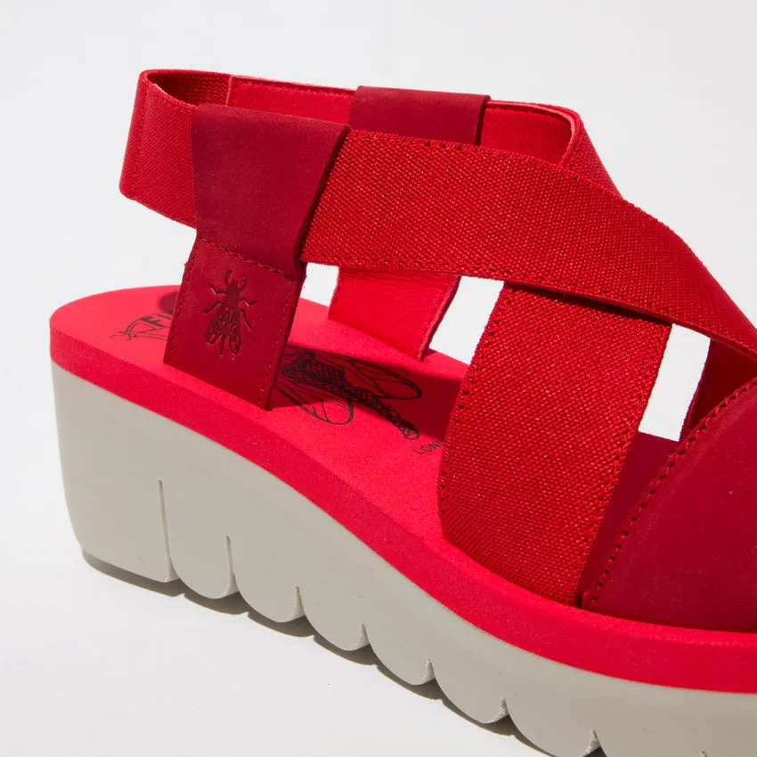 Fly Yabi 922 Ladies Lipstick Red Textile Pull On Sandals