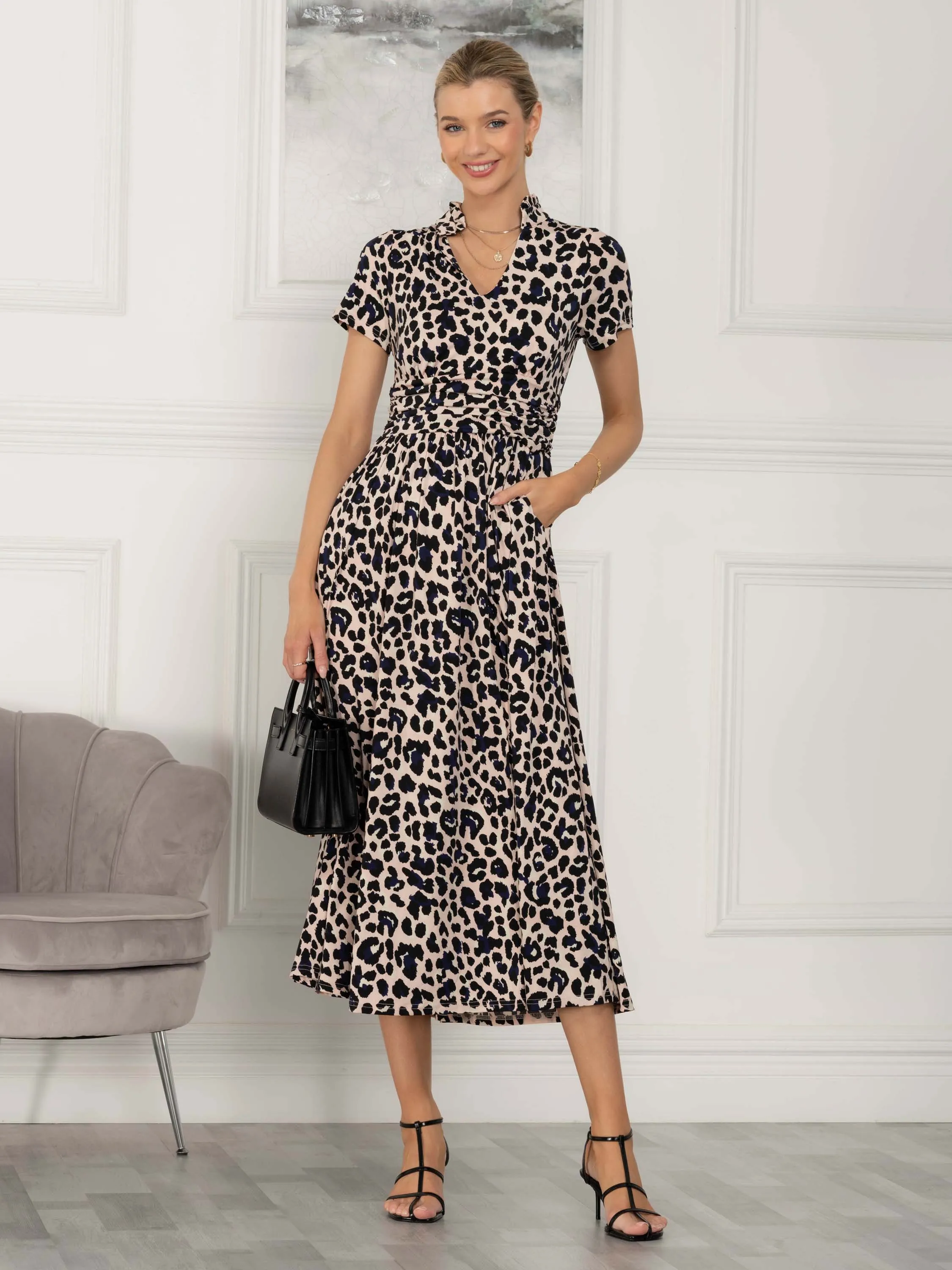 Mabrouka Stand Neck Dress, Pink Animal