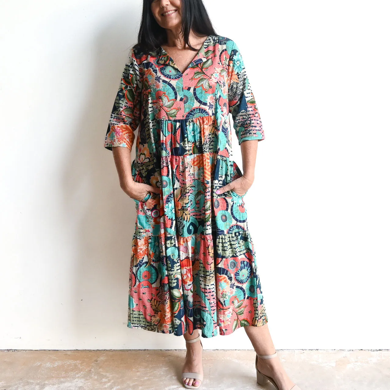 Notch Neck Midi Dress by Orientique Australia - Yakushima - 40094