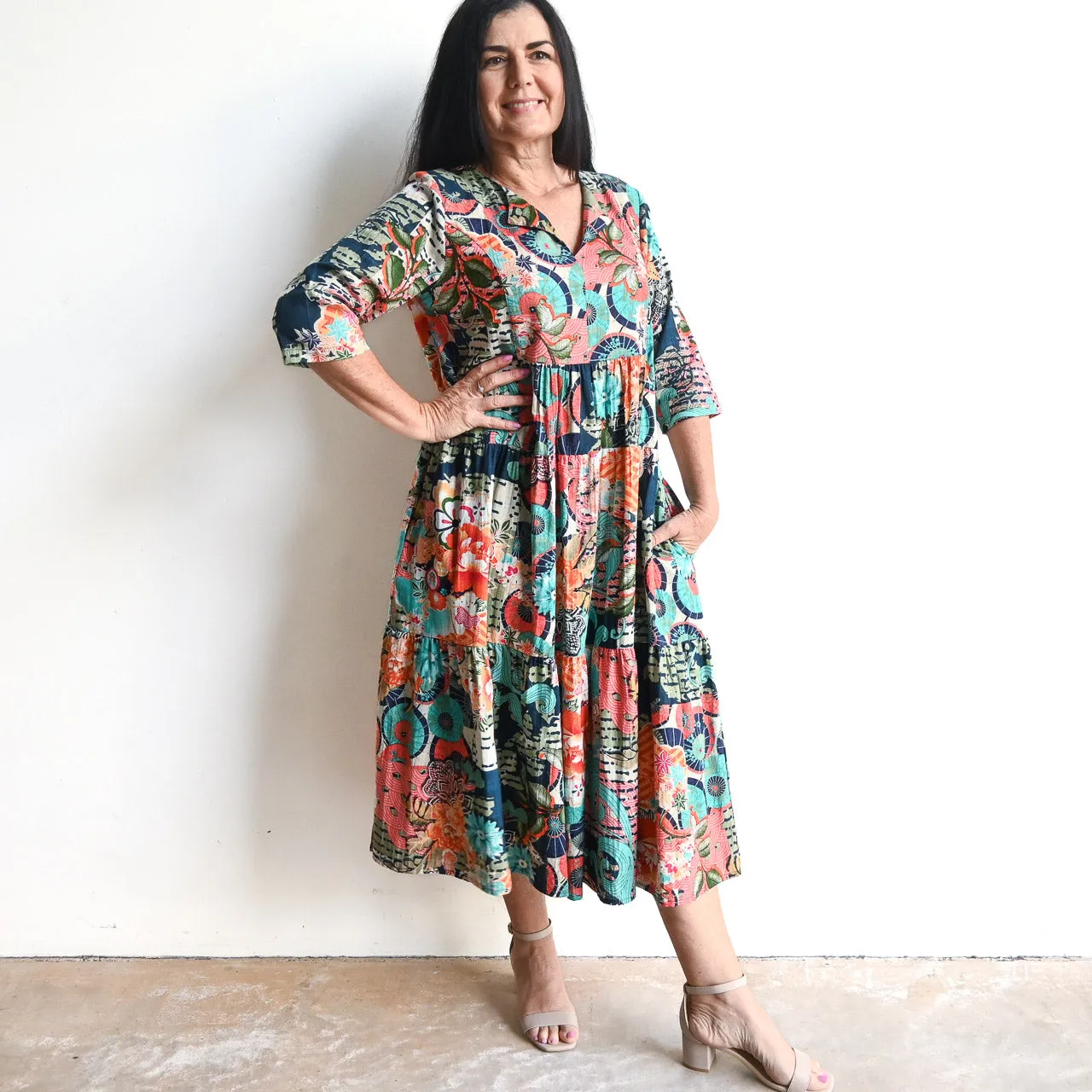 Notch Neck Midi Dress by Orientique Australia - Yakushima - 40094
