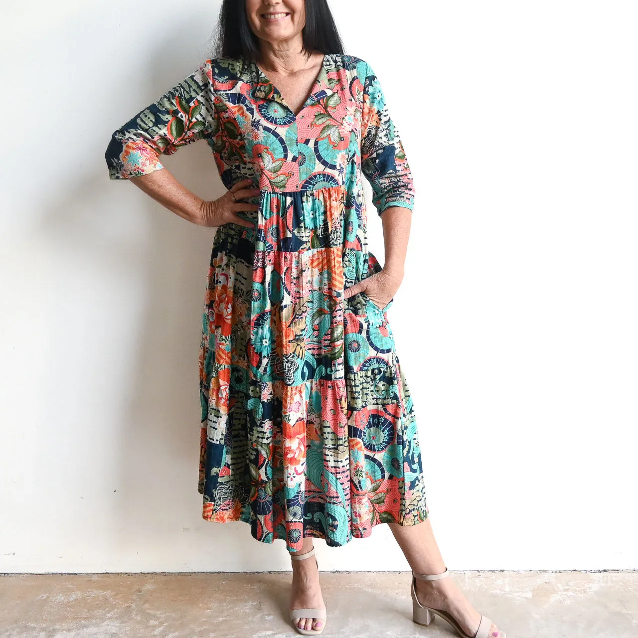 Notch Neck Midi Dress by Orientique Australia - Yakushima - 40094