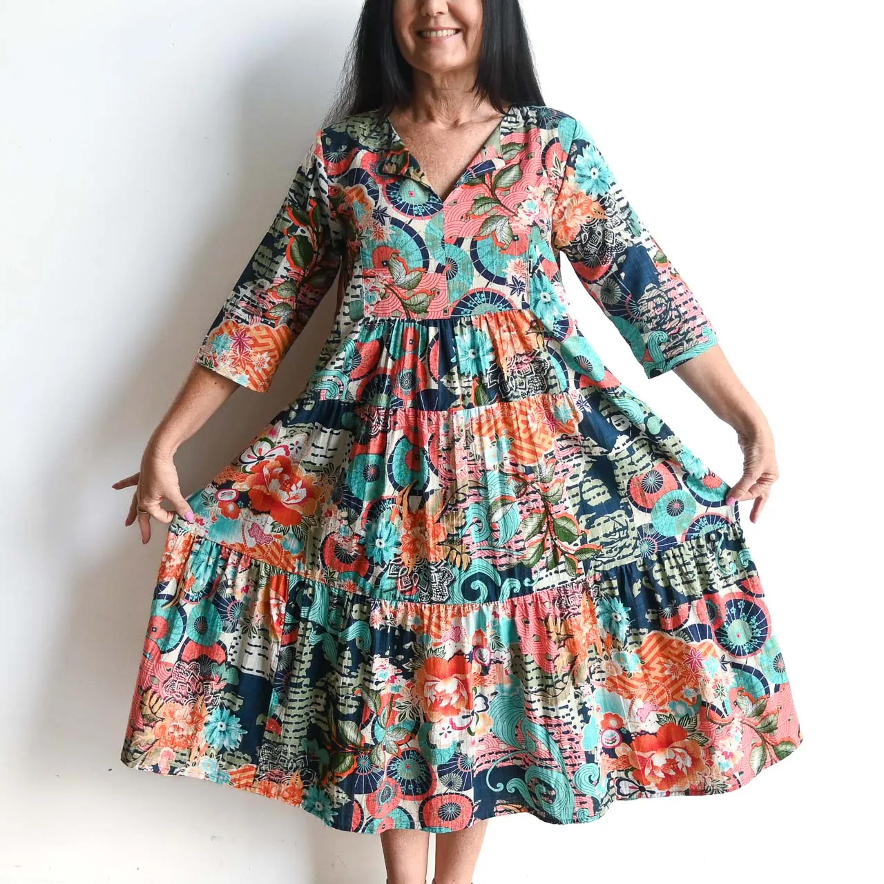 Notch Neck Midi Dress by Orientique Australia - Yakushima - 40094