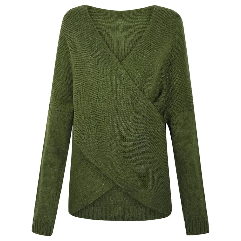 Olive Plunging V-Neck Sexy Sweater