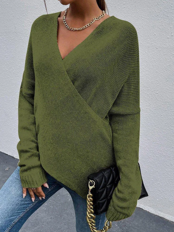 Olive Plunging V-Neck Sexy Sweater