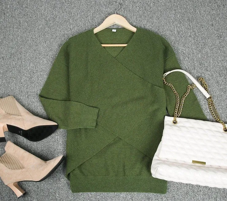 Olive Plunging V-Neck Sexy Sweater