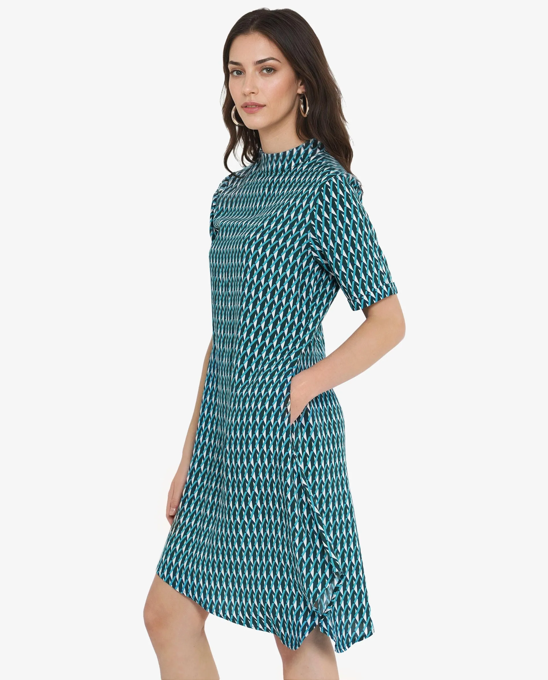 Rareism Women Mello Blue Button Closure Short Sleeve High Neck Geometric Print Knee Length Dress