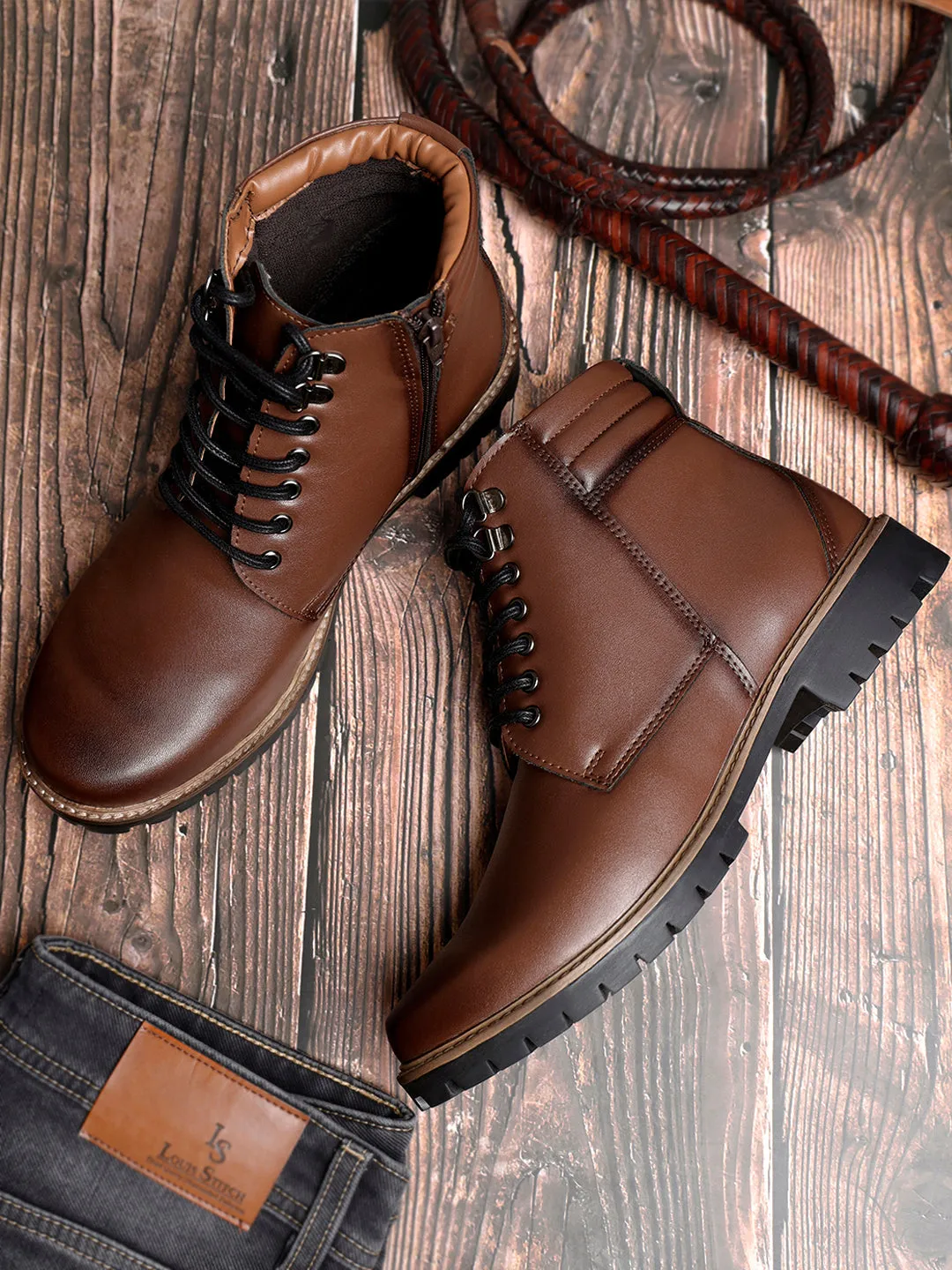 Tan Derby Lace Up Chain Boots