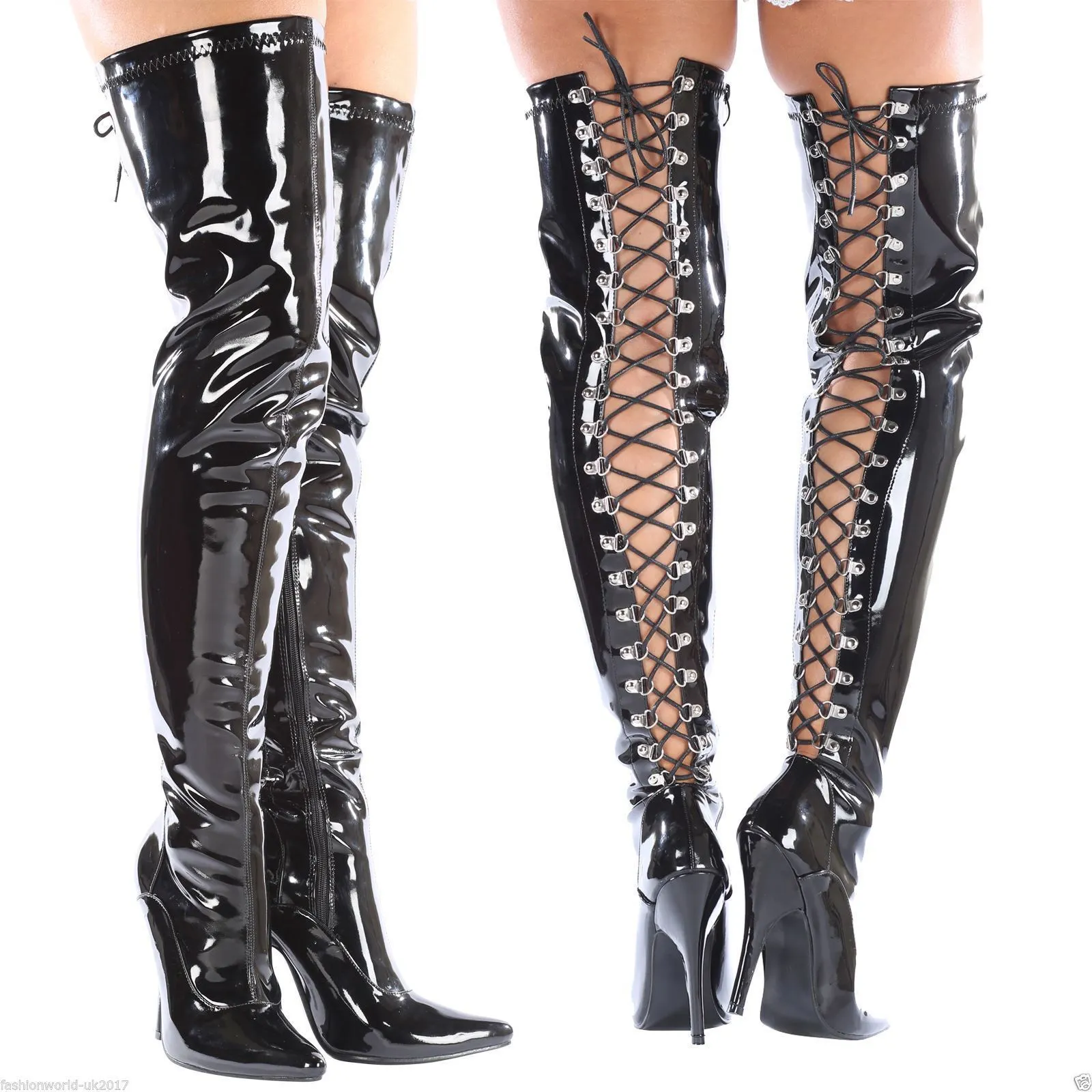 Unisex High Over Knee Boots & Black Lace Stiletto Heel