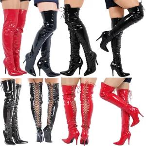 Unisex High Over Knee Boots & Black Lace Stiletto Heel