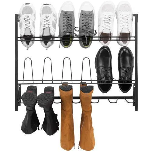 Wall Mounted Black Metal Wire 9-Pair Boot & Shoe Rack