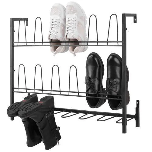 Wall Mounted Black Metal Wire 9-Pair Boot & Shoe Rack