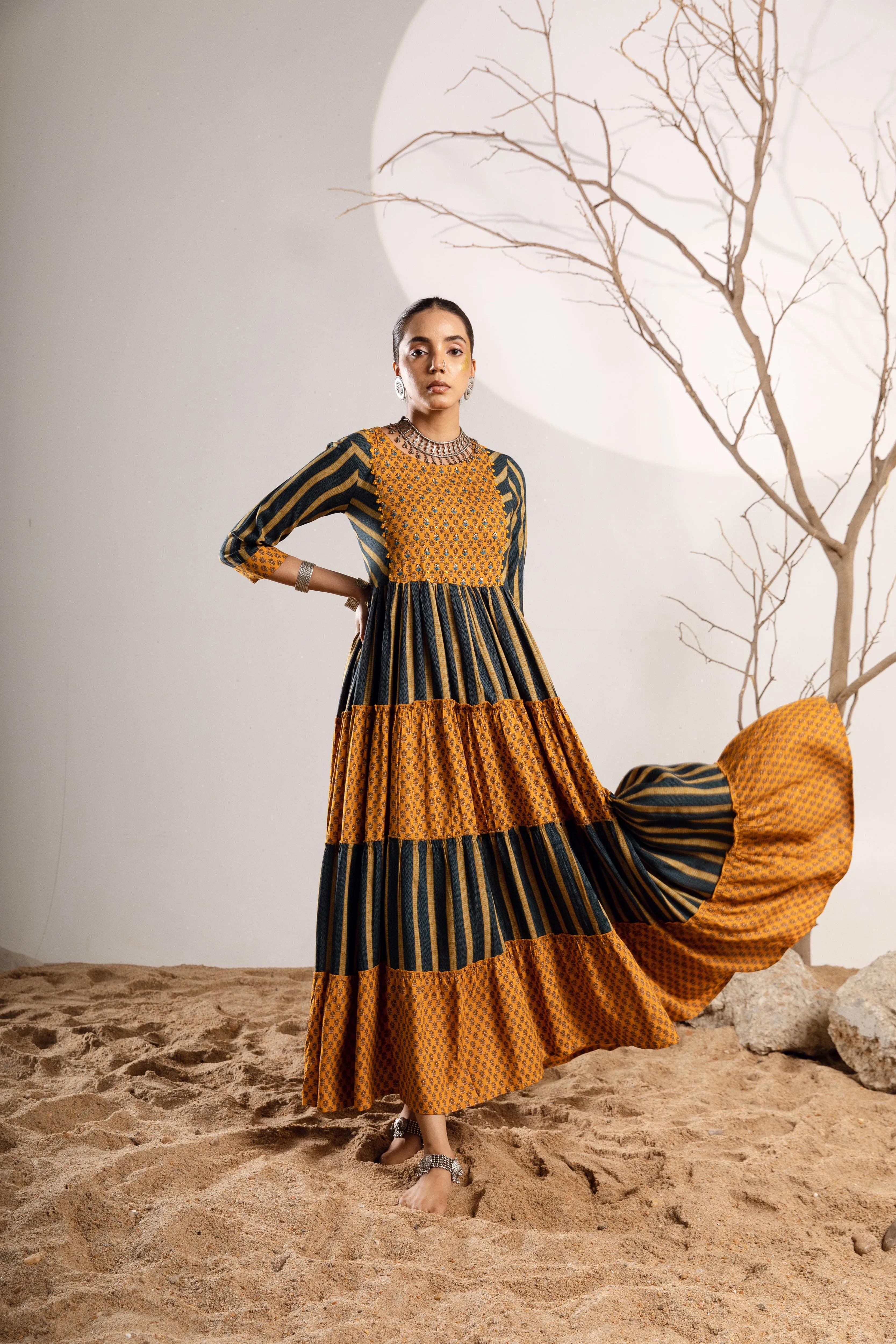 Women's Rayon Turquoise Mustard Flared/Tiered Gown