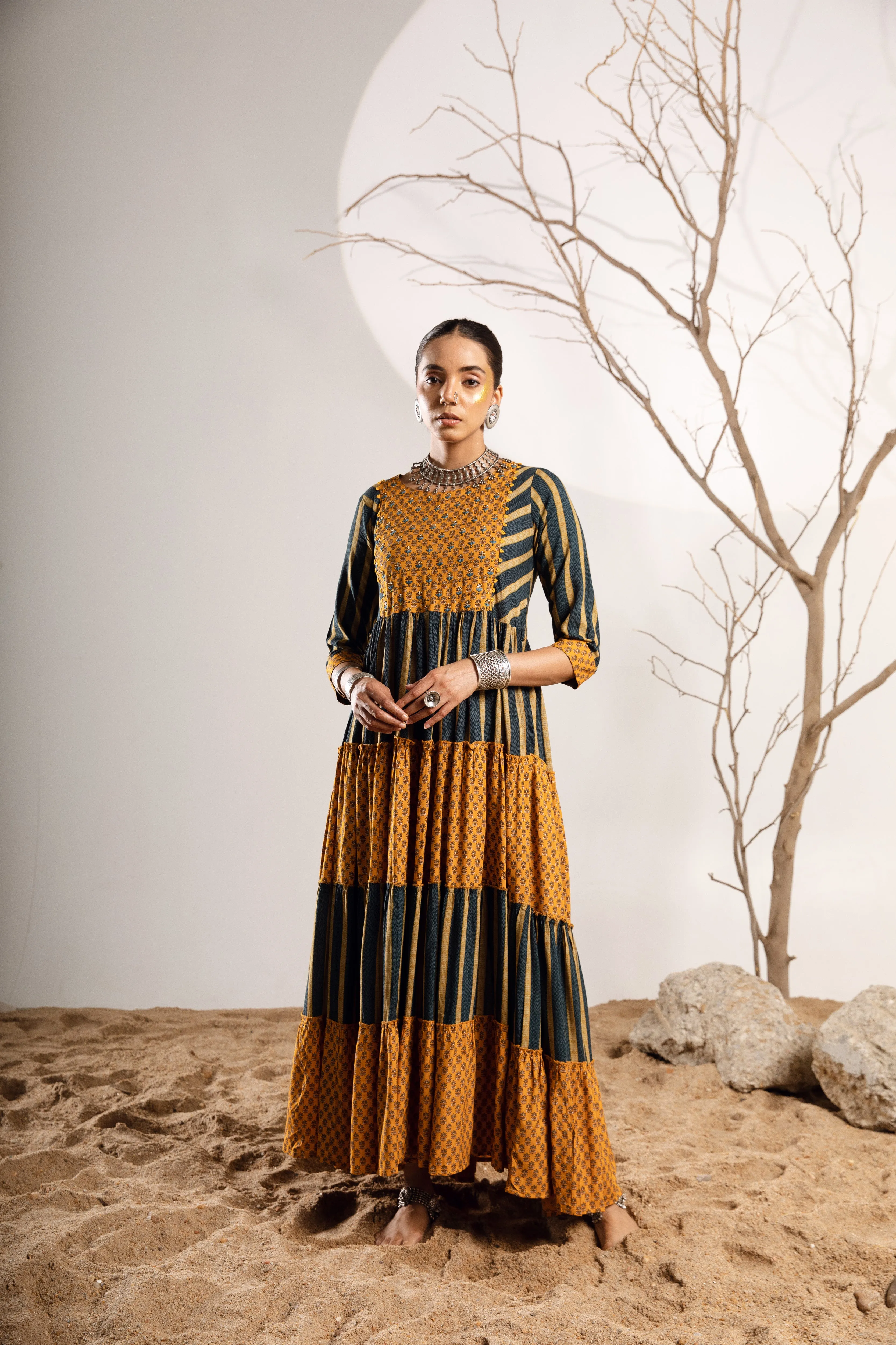 Women's Rayon Turquoise Mustard Flared/Tiered Gown