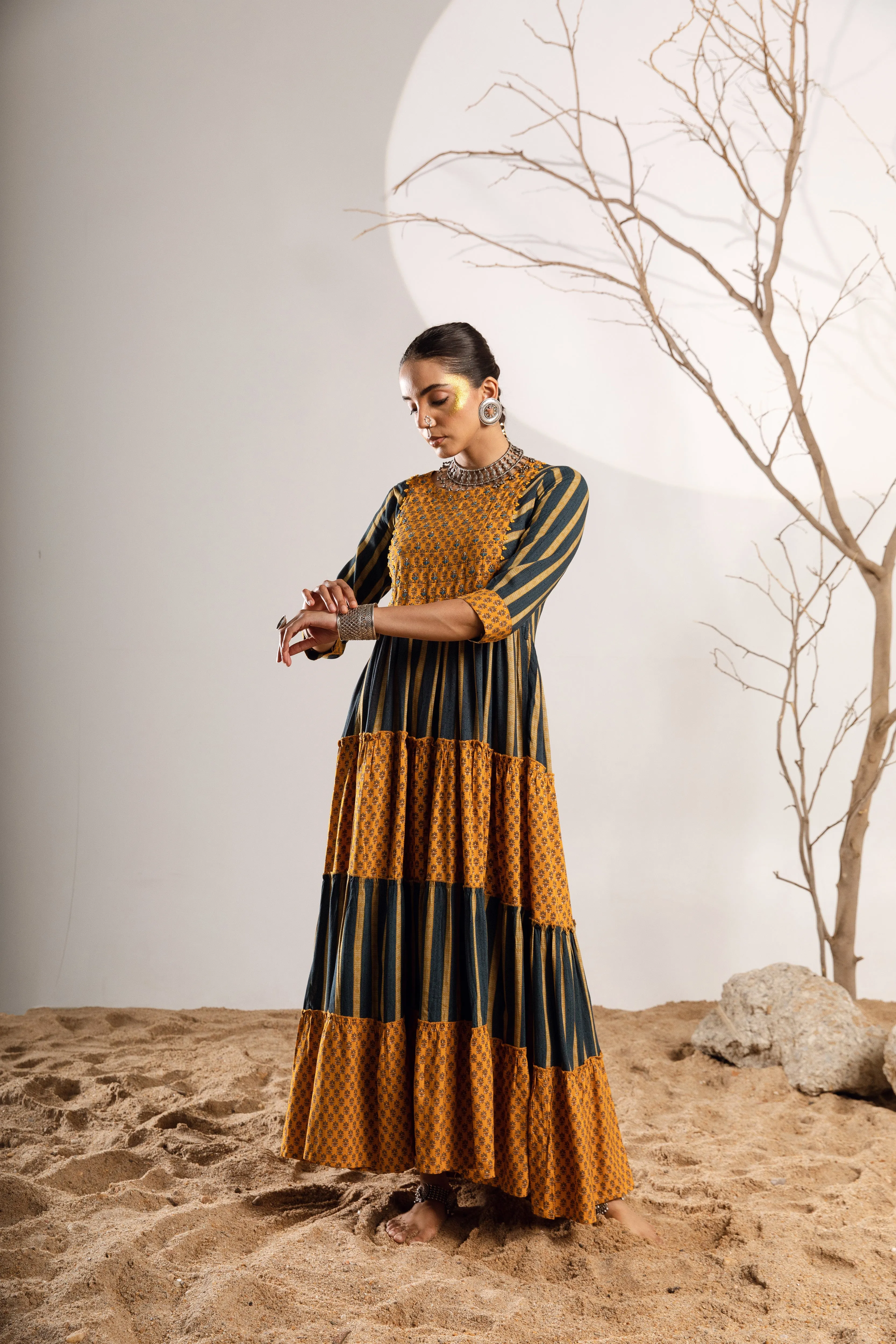 Women's Rayon Turquoise Mustard Flared/Tiered Gown