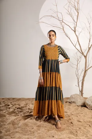 Women's Rayon Turquoise Mustard Flared/Tiered Gown