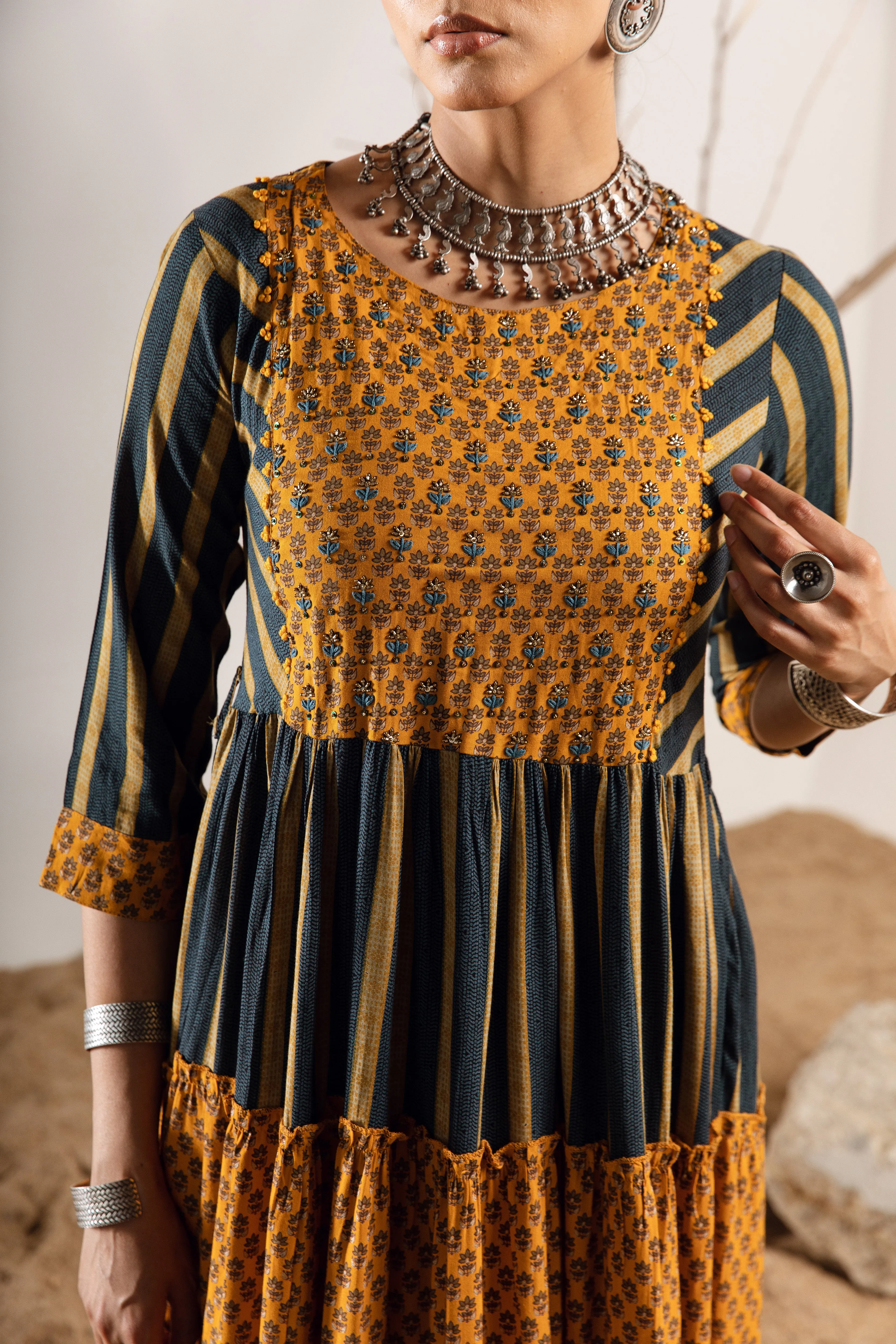 Women's Rayon Turquoise Mustard Flared/Tiered Gown