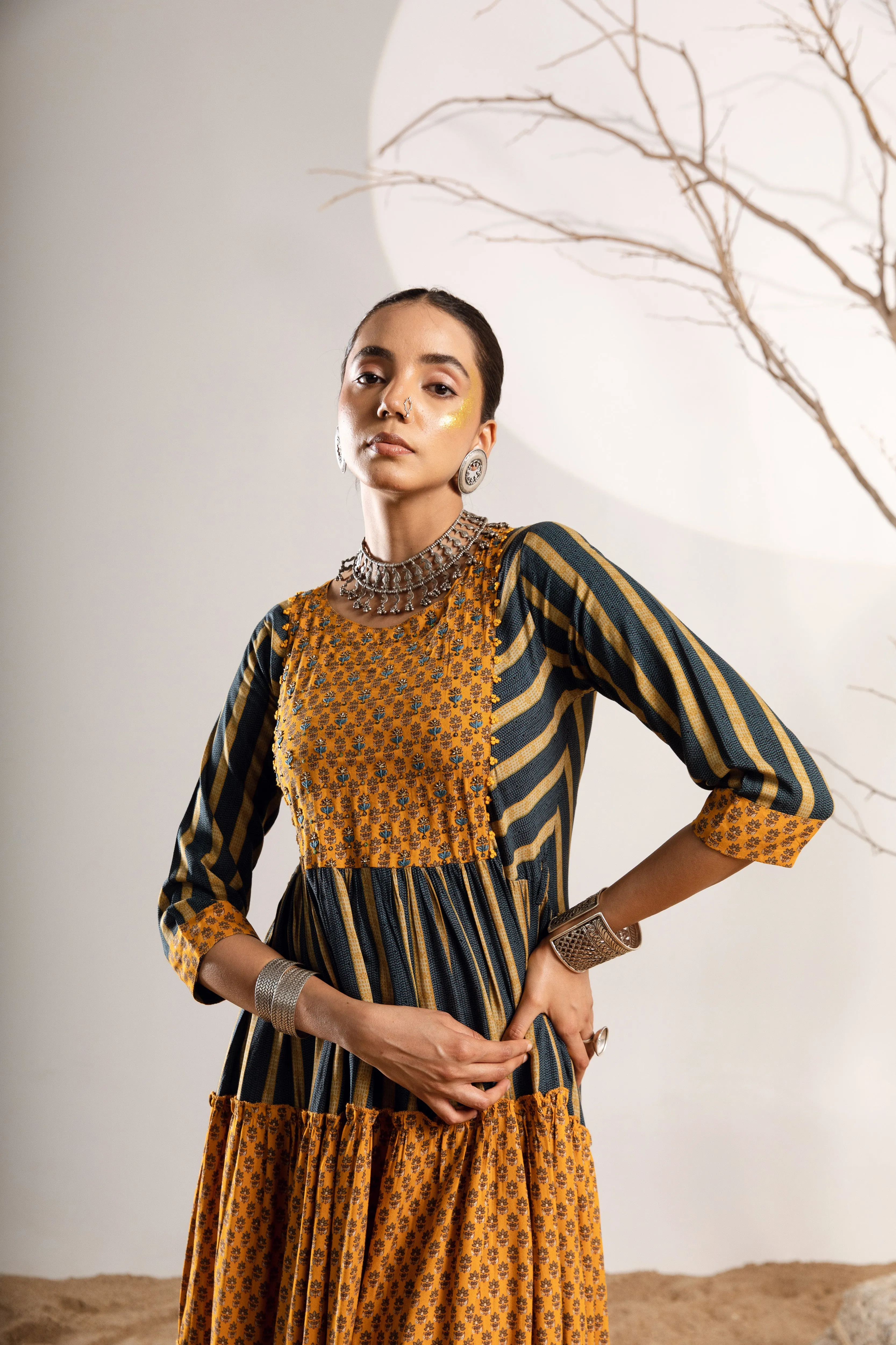 Women's Rayon Turquoise Mustard Flared/Tiered Gown