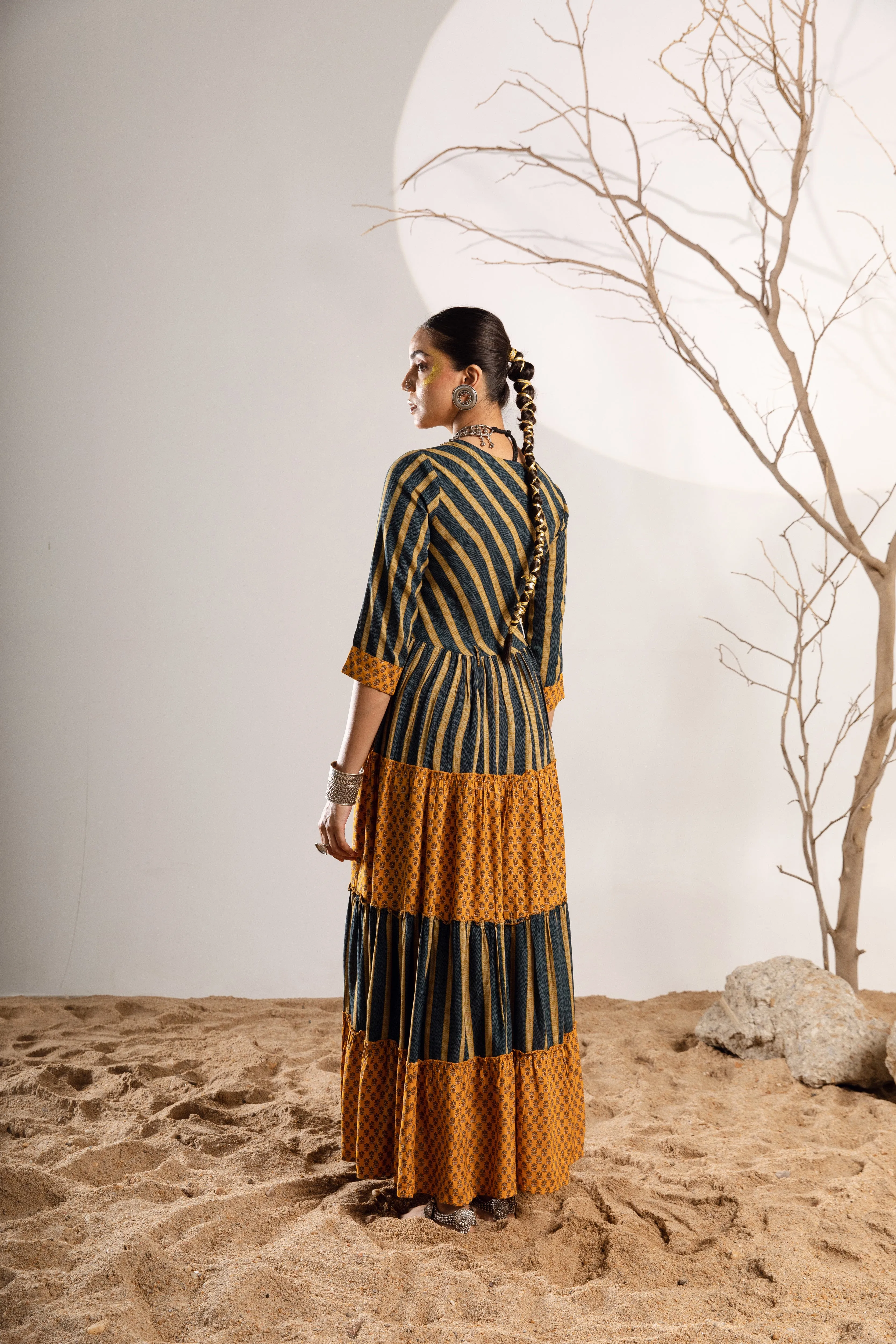 Women's Rayon Turquoise Mustard Flared/Tiered Gown