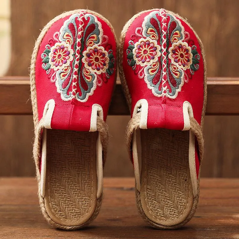 Women's woven Ethnic flower backless canvas shoes